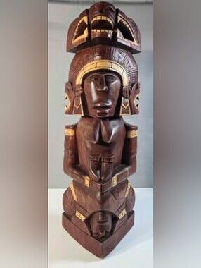 Hand-Carved Mayan Aztec Style Tribal Wooden Statue Totem